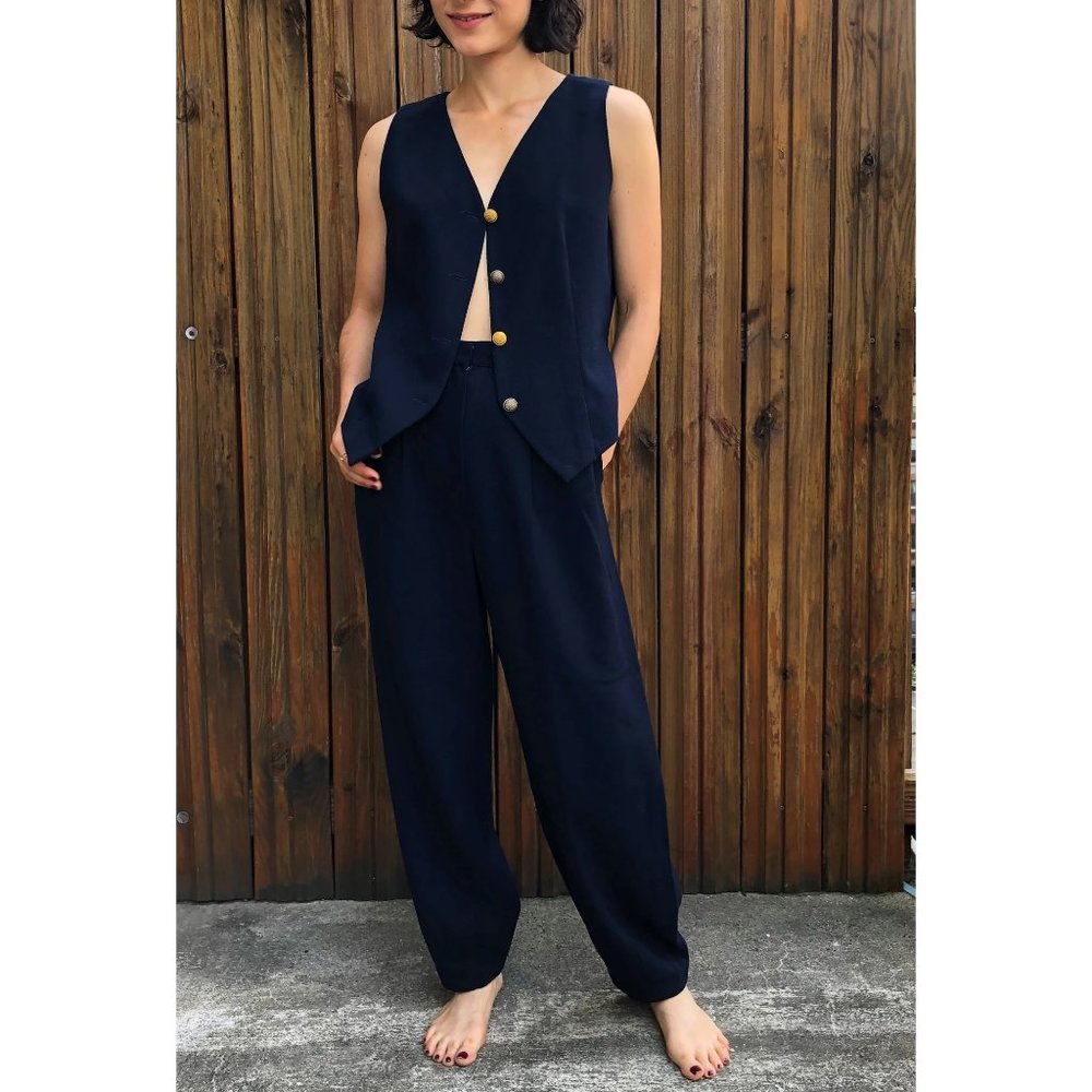 VTG Navy Ribbed Two Piece Sleeveless Suit Set XS-S